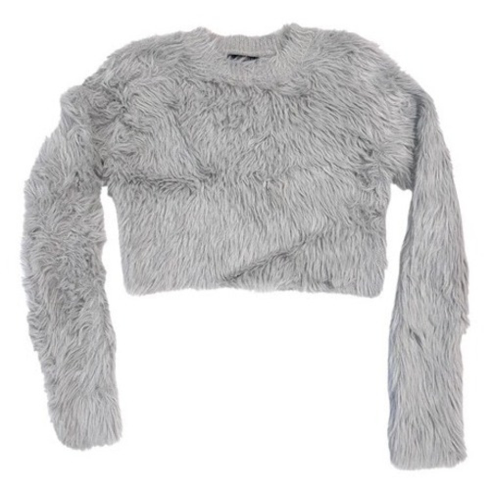 Forever‎ 21 Shaggy Faux Fur Cropped Sweater Light Gray Long Sleeve Women's Small